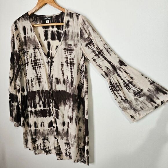 Billabong Dresses & Skirts - EUC BILLABONG TIE DYE BROWN CREAM V NECK BUTTON DOWN BELL SLEEVES TUNIC/DRESS M